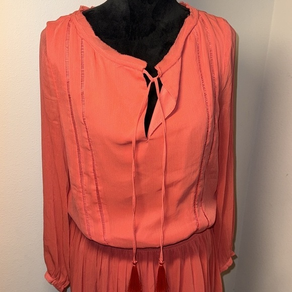 Banana Republic Boho smocked waist flutter skirt tassels long sleeves dress Sz M - Picture 5 of 12